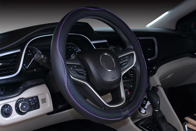 Mayco Bell Small Size Steering Wheel Cover Anti-Slip,Safety,Soft,Breathable,Durable,Full Surround,Comfortable Grip Microfiber Leather (14-14.25 inch, Black Purple) - Image 1